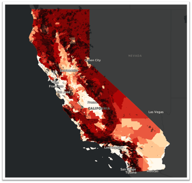 Map of California census tracts colored by wildfire probability. Overlaid with historical wildfire polygons.