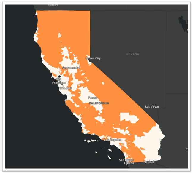 Map of California Census Tracts and their wildfire classification prediction.