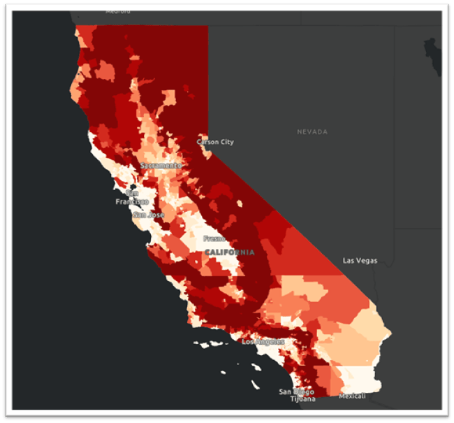 Map of California census tracts and their associated wildfire probability from the model