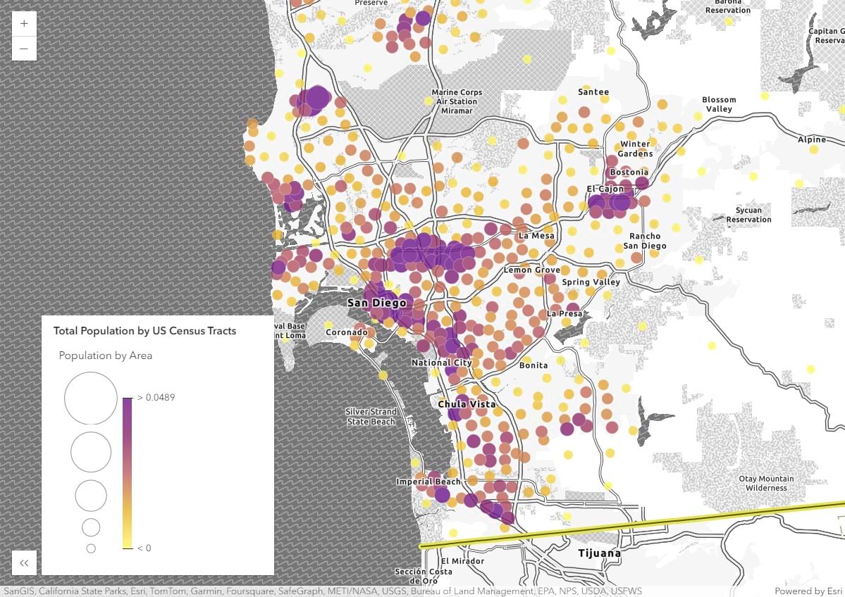 A map of San Diego shows total population by US Census tracts with point data increasing in size and color with higher populations.