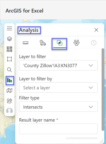 ArcGIS for Excel Analysis pane with Clear spatial filter tool