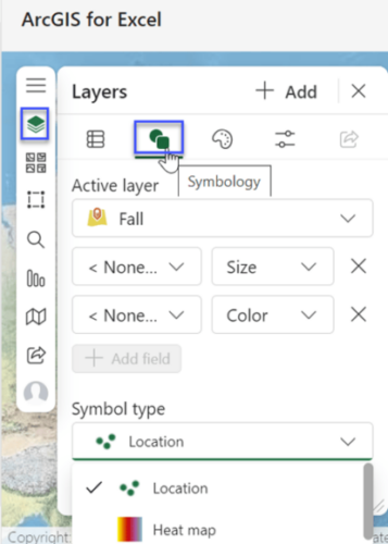 ArcGIS for Excel Layers pane with Symbology tools