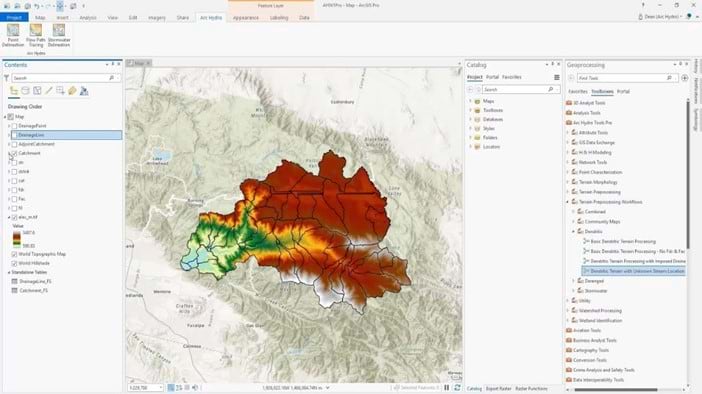 An example of executing terrain preprocessing workflows using Arc Hydro in ArcGIS Pro.