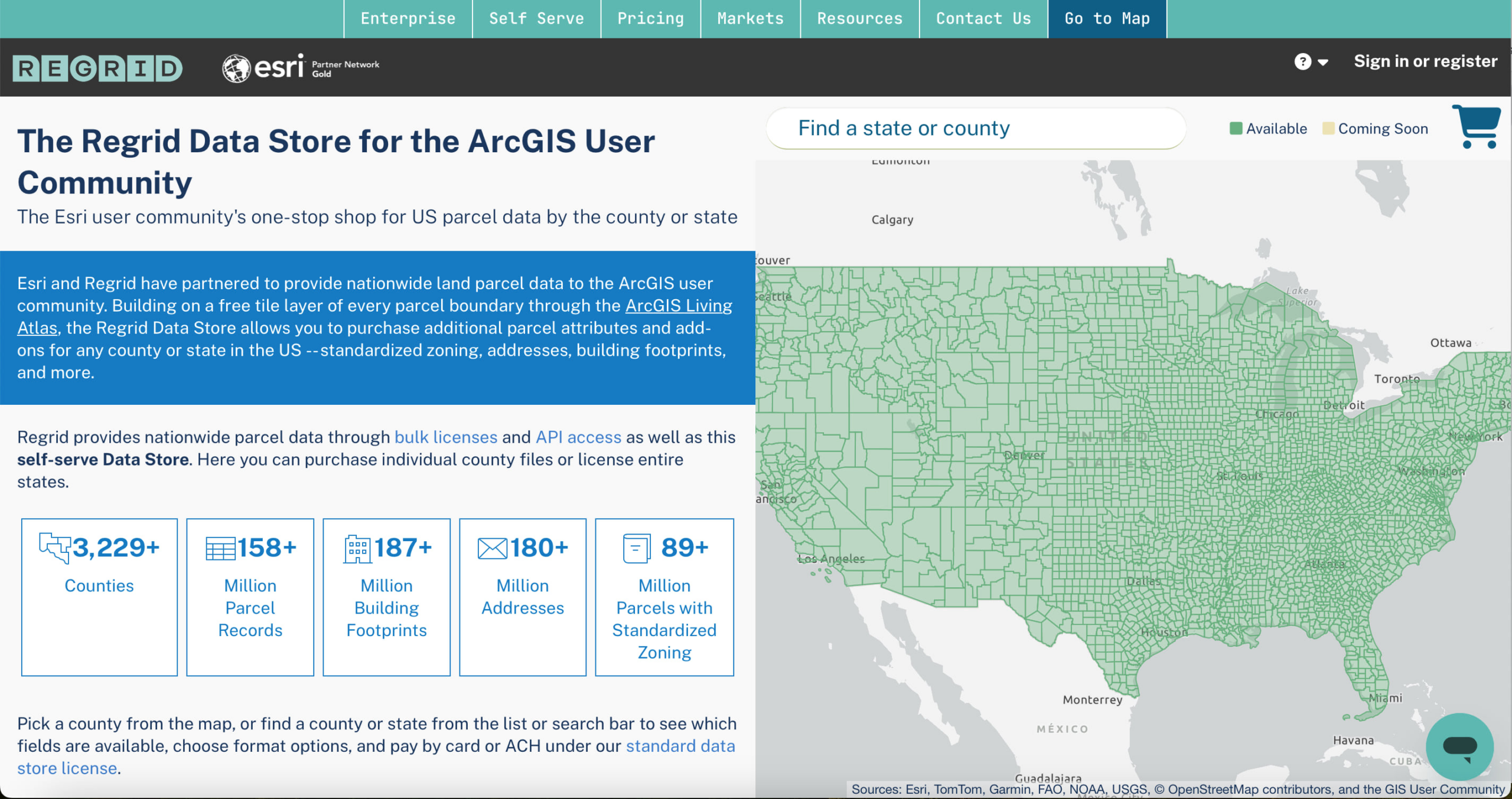 A map of some parts of the us on the right side and text about the Esri Regrid Data store