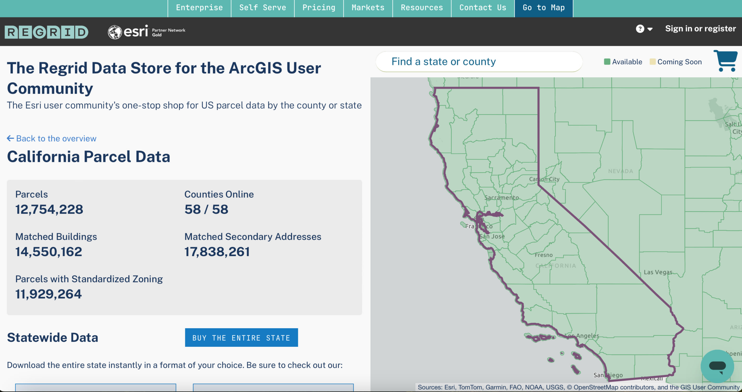 A map of some parts of the us on the right side and text about the Esri Regrid Data store