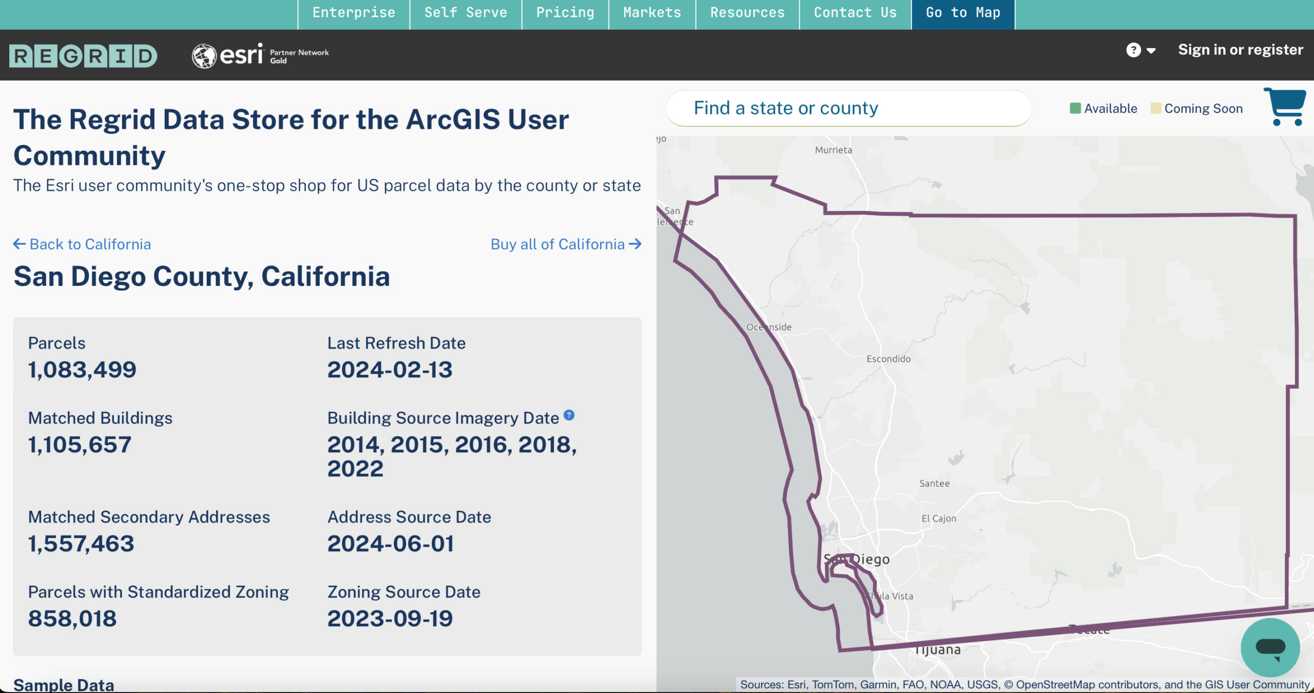 A map of some parts of the us on the right side and text about the Esri Regrid Data store