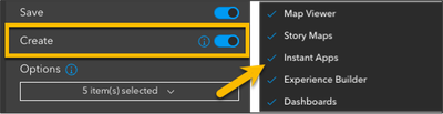 Image of Instant Apps configuration highlighting the configuration of Create options