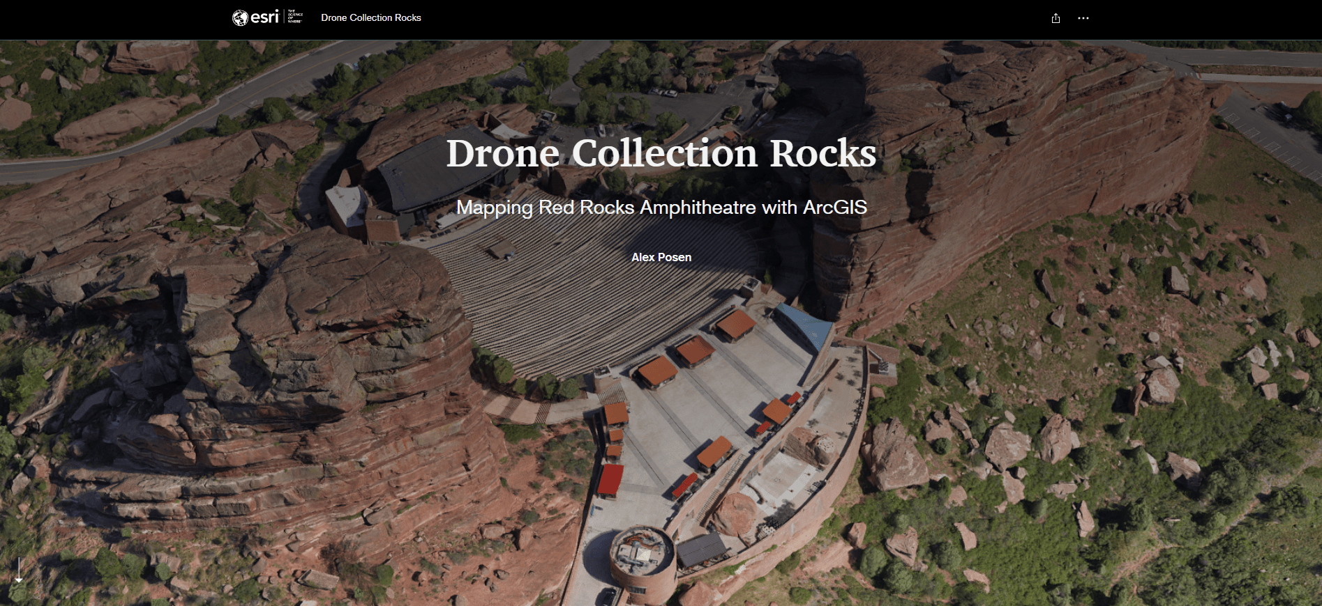 A screen shot of a 3D mesh and the words Drone Collection Rocks Mapping Red Rocks Ampitheatre with ArcGIS by Alex Posen