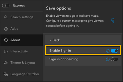 Image of Instant Apps configuration, highlighting enabled sign in option in Atlas template