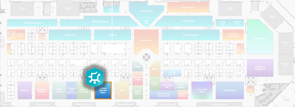 A map showing the location of the utility network booth on the expo area of the 2024 Esri User conference.