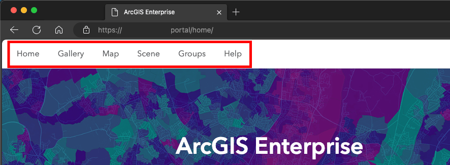 ArcGIS Enterprise global navigation bar as it should appear in Chrome and Edge browsers. If the patch is not installed, this will appear blank.