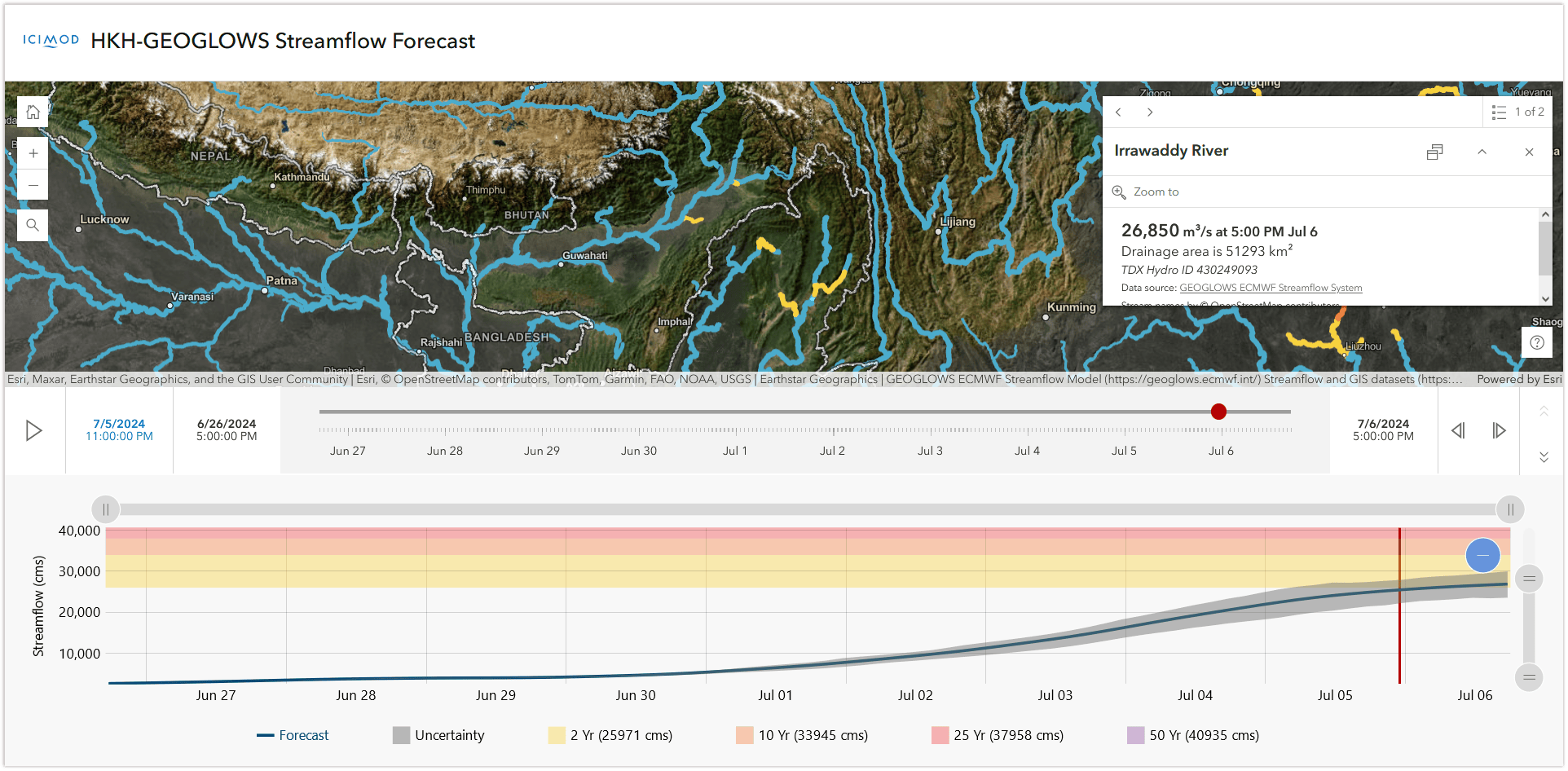ICIMOD GEOGLOWS / ECMWF Streamflow Forecast system for water situational awareness, mitigating water risk, ensuring sustainable water use. Click image to launch the app.