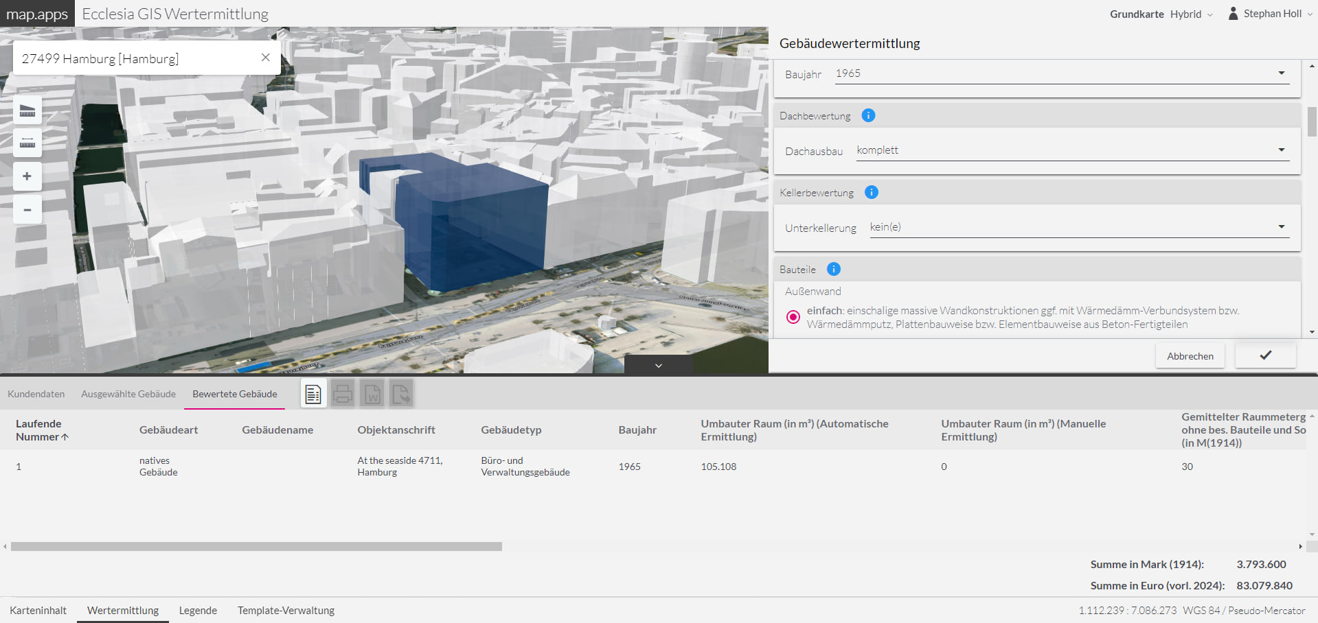 The image depicts "Ecclesia GIS Wertermittlung," a web application designed for property valuation. This tool is specifically utilized for assessing the value of properties located in Hamburg, Germany.