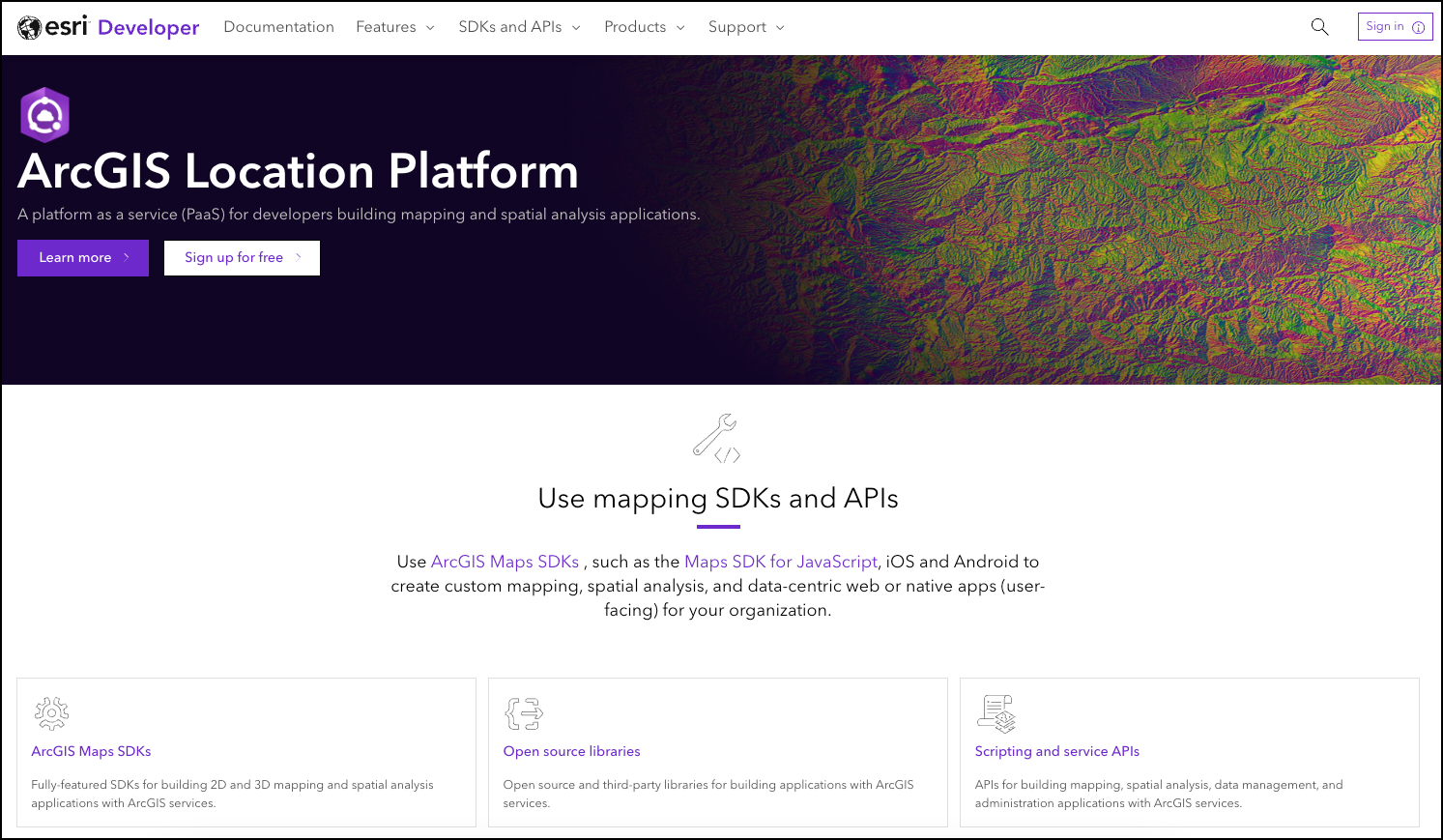 Screenshot of the Esri Developer Documentation page focused on AccGIS Location Platform section of how to use mapping SDKs and APIs