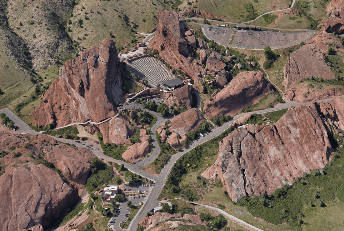 A 3D representation of Red Rocks Ampitheater from above.