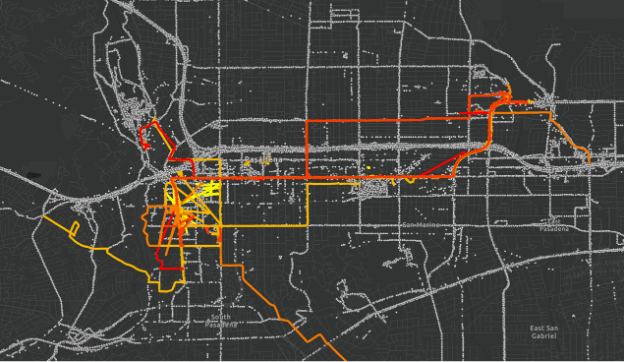 Dark map with colored routes ranging from yellow to red.