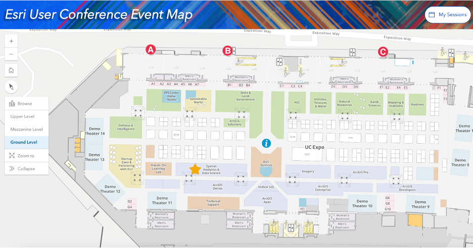 The map of the Esri User Conference event, showing the locations of different booths, theaters, and restrooms. There is a star at the location of the Spatial Analytics and Data Science island.
