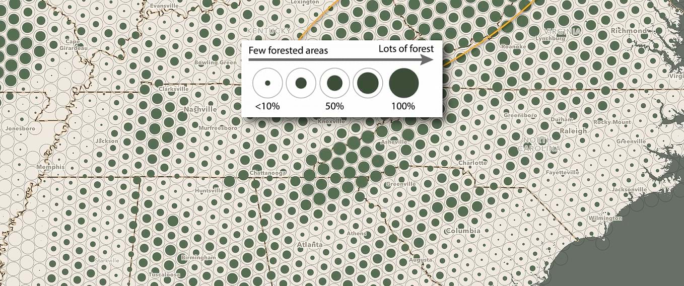 A web map with the reference style applied, demonstrating the density of forest within a gridded area.