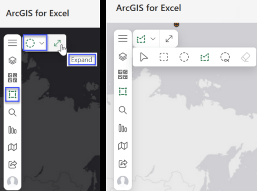 ArcGIS for Excel collapsed and expanded quick access Selection tools