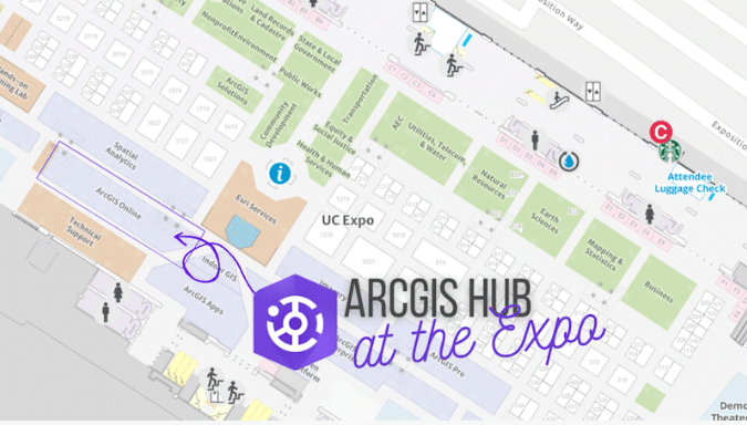 Map of Expo floor with purple ArcGIS Hub logo