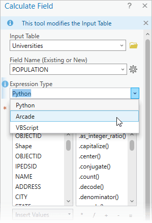 The Expression Type parameter options