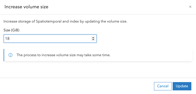 A dialog box to increase the volume size of a data store through ArcGIS Enterprise Manager