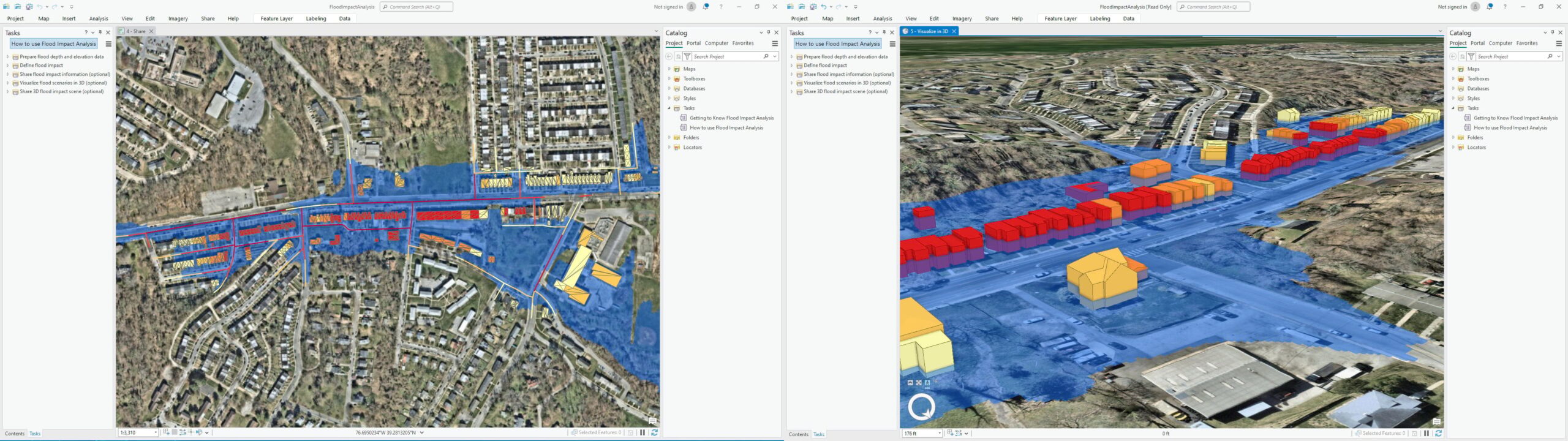 A 2D (left) and 3D (right) view of flood impact analysis results completed for a sample area.