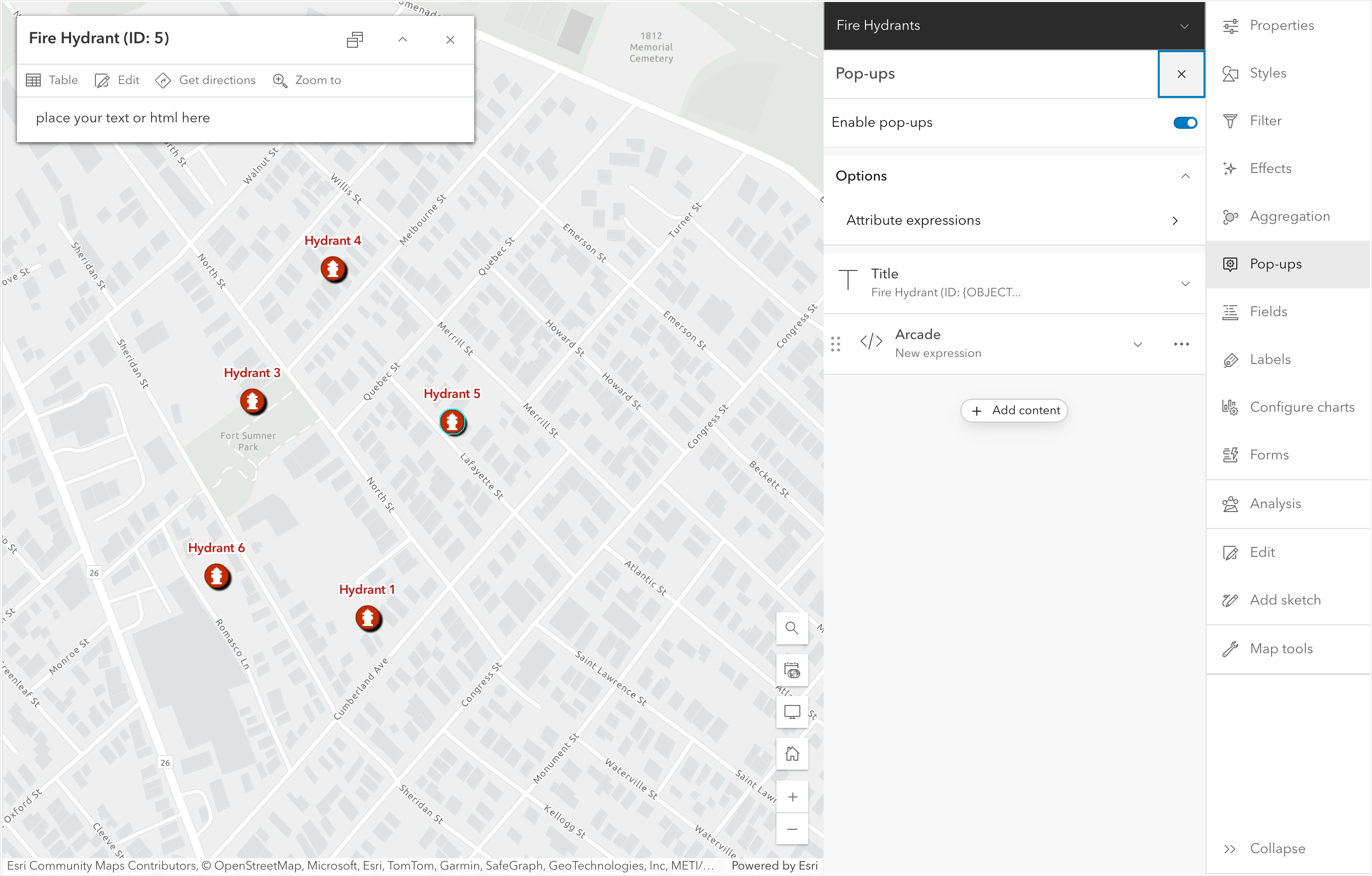 ArcGIS Map Viewer screenshot with an Arcade pop-up element being added.