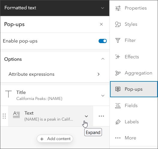 Expand and view pop-up configuration