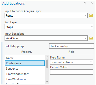 Add Locations tool dialog with field mapping