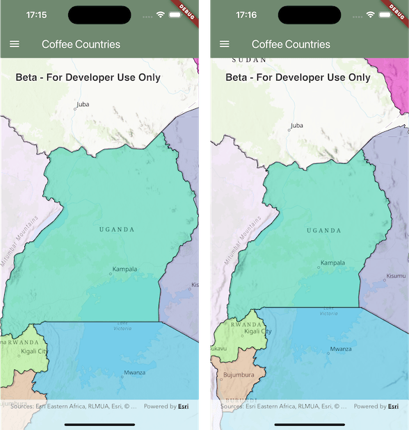 Two mobile phone screens displaying a map.