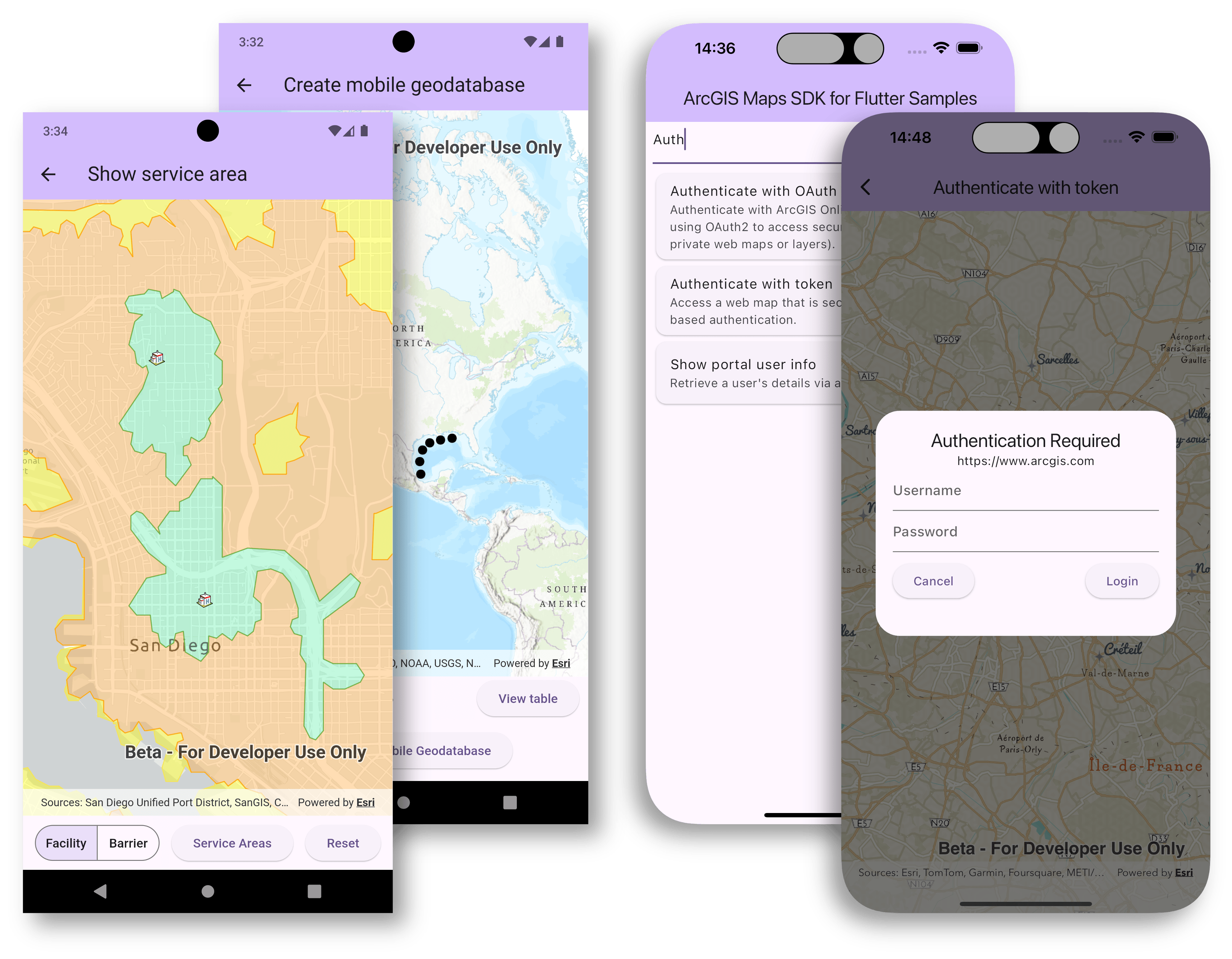 Some views of the ArcGIS Maps SDK for Flutter sample viewer app, both on Android and iOS