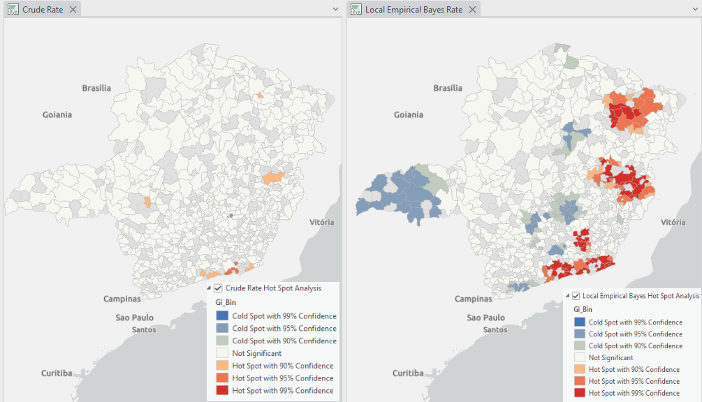 Infant Mortality Hot Spot Analysis on Crude Rate (left) vs Local Empirical Bayes Rate (right)