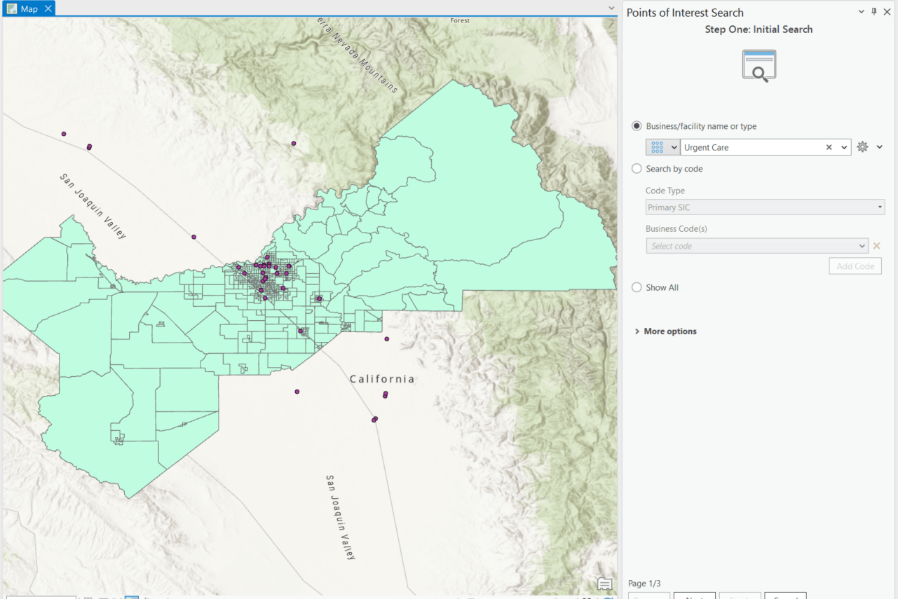 Map showing candidate sites and POI search results