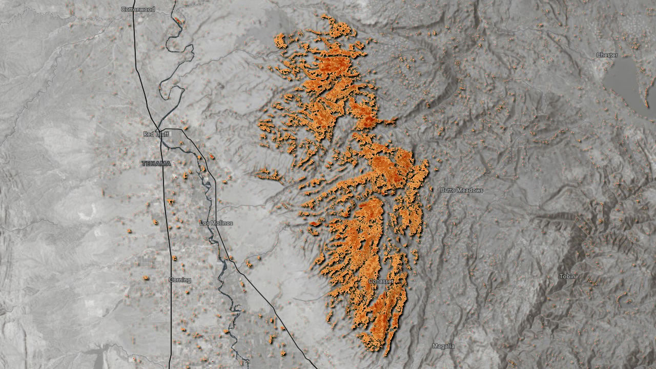 Park Fire burn extent calculated by Sentinel-1 Explorer. Click to launch this view.