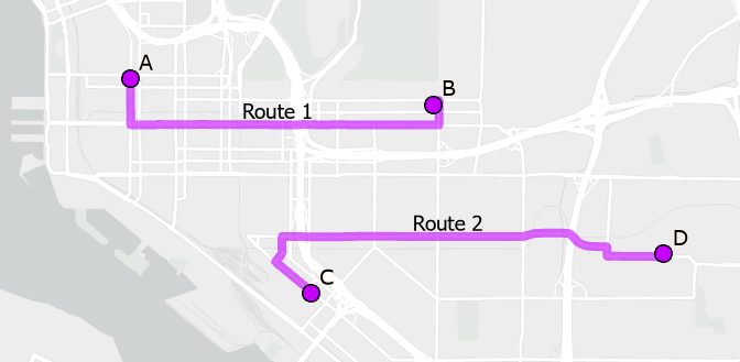 The results of the Route analysis showing two separate routes