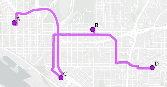 The results of a Route analysis showing all four stops on the same route