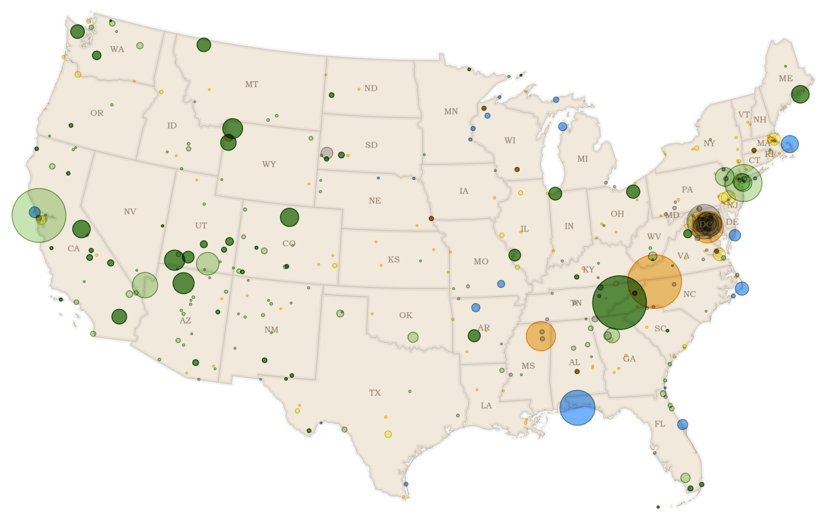 Map of the lower 48 United States with circle symbols representing National Park Service lands