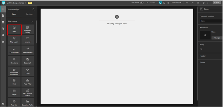 ArcGIS Experience Builder blank canvas with widget pane open.