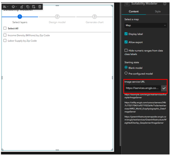 The Suitability Modeler widget configuration options in ArcGIS Experience Builder