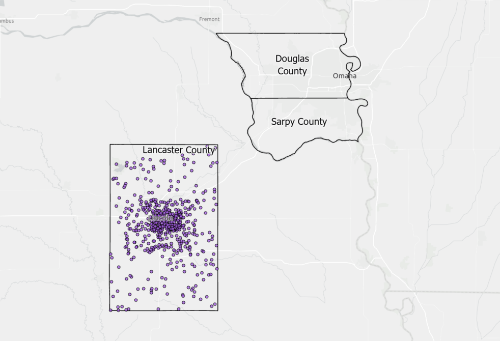 Our area of interest. At bottom left we see our Lancaster customers and the Lancaster County boundary. At the top right we see the Omaha area counties.