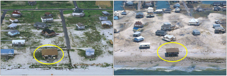 Coastal property loss on Dauphin Island, Alabama, from 2001 to 2005 (USGS photos).