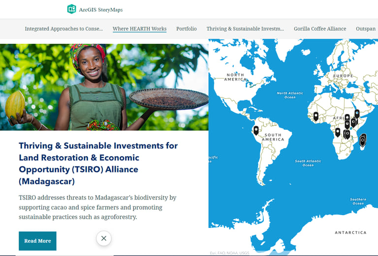 An immersive section of the USAID HEARTH story with the photo and text on the left and a global map on the right