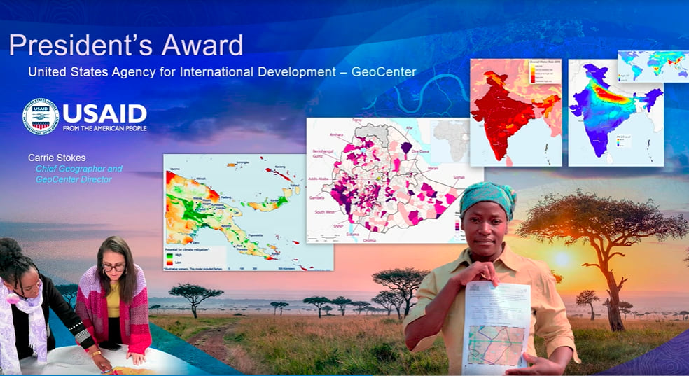 A collage from the President's Award presentation at the 2024 Esri International User Conference