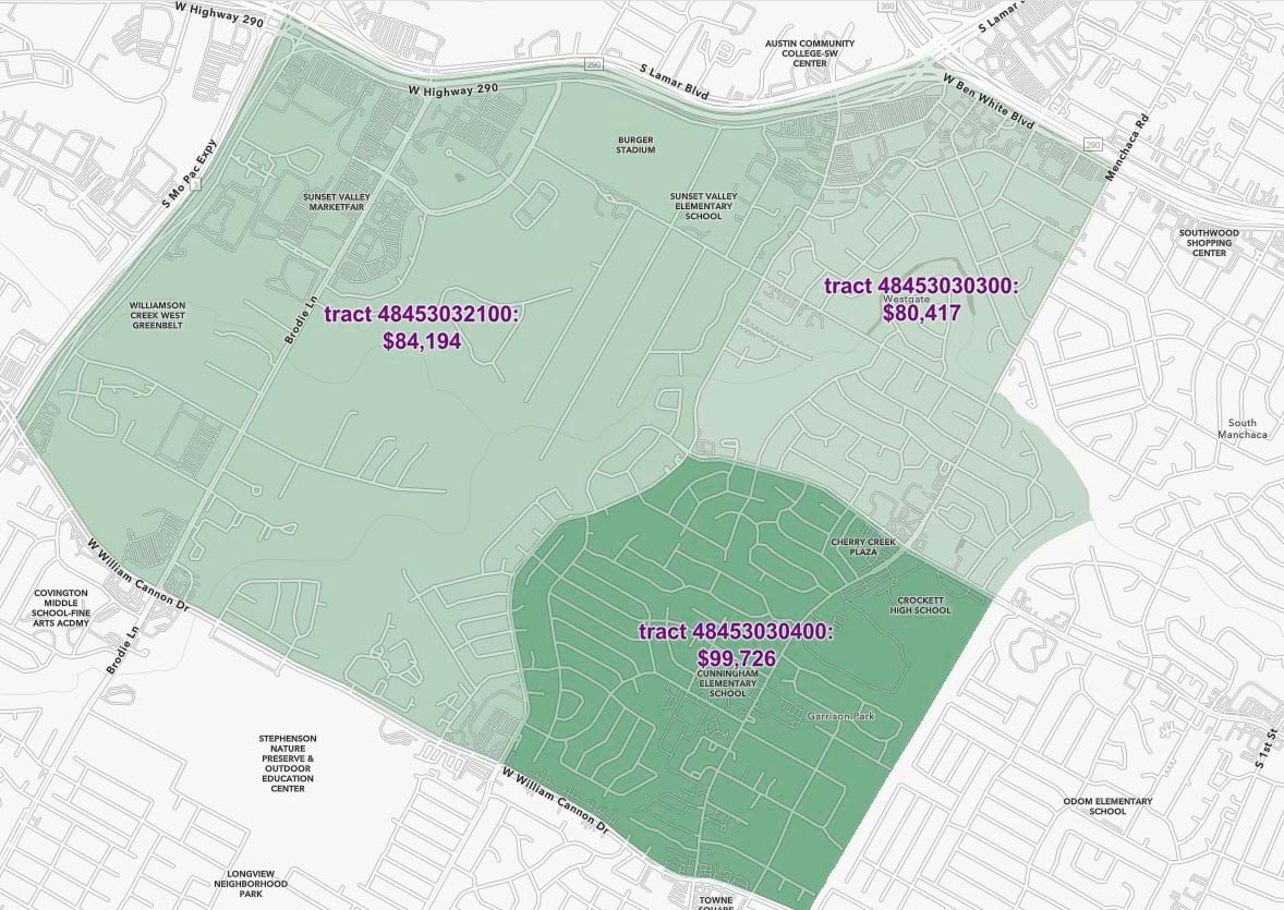 A map of three neighboring Census tracts in Austin, TX.