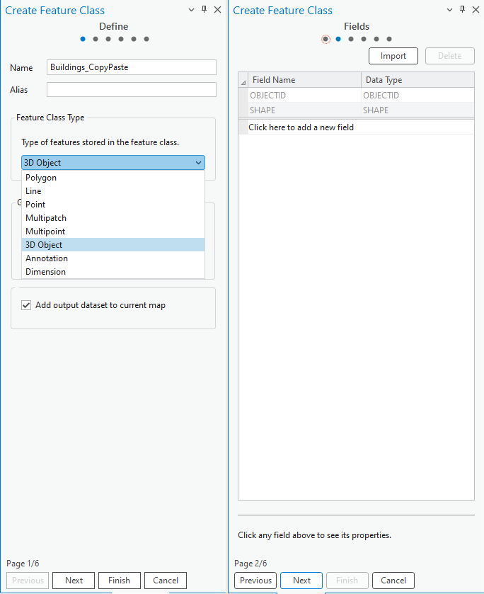 Create Feature Class Pane