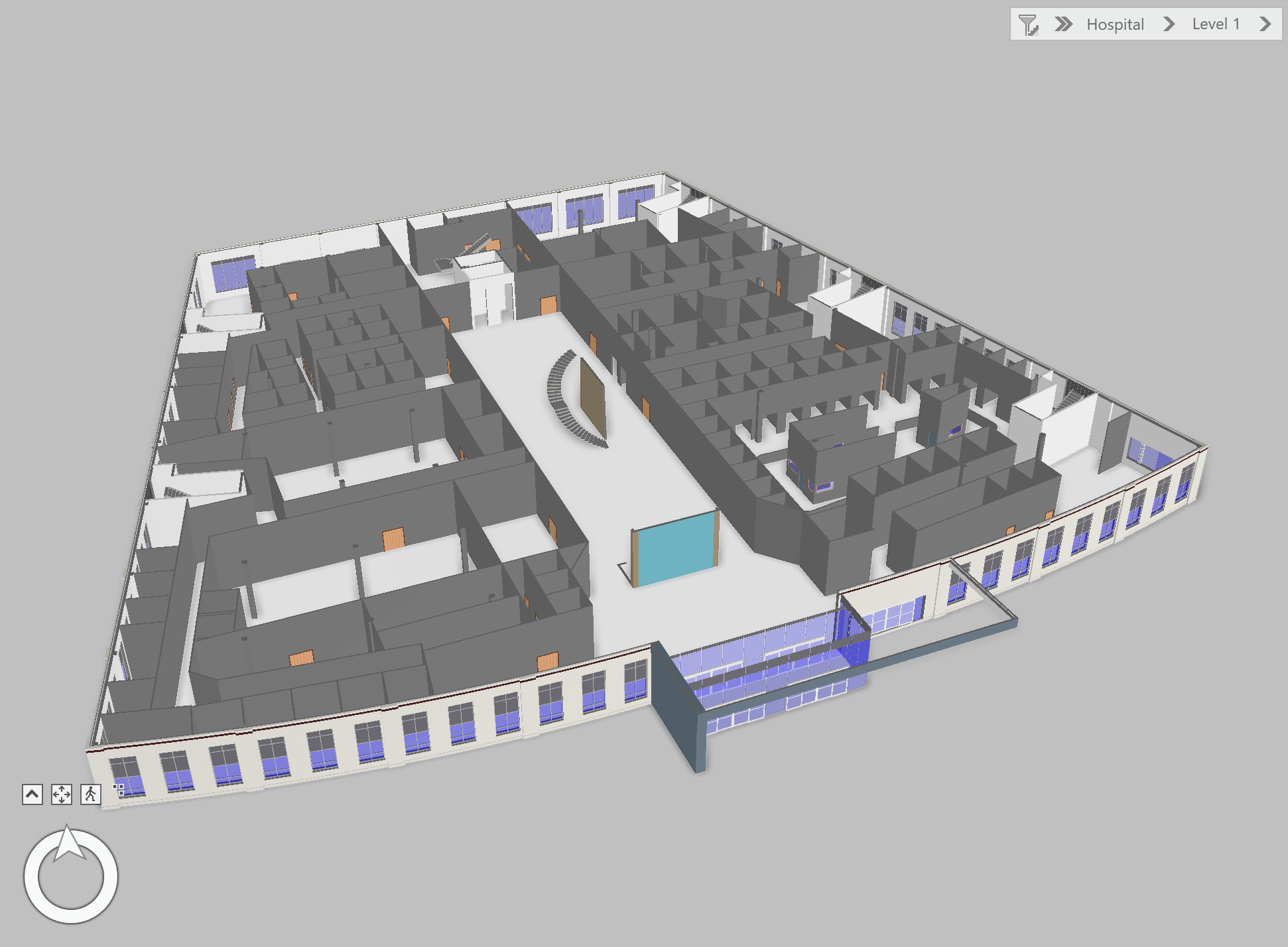 3D features on a scene in ArcGIS Pro showing a trapezoidal shaped first floor of a hospital