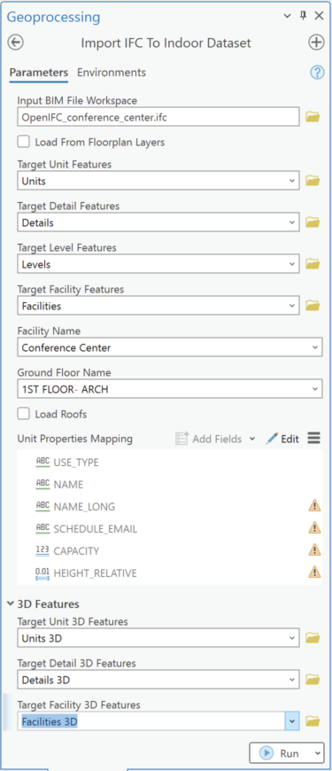 The geoprocessing pane in ArcGIS Pro showing the Import IFC to Indoor Dataset tool with populated parameters