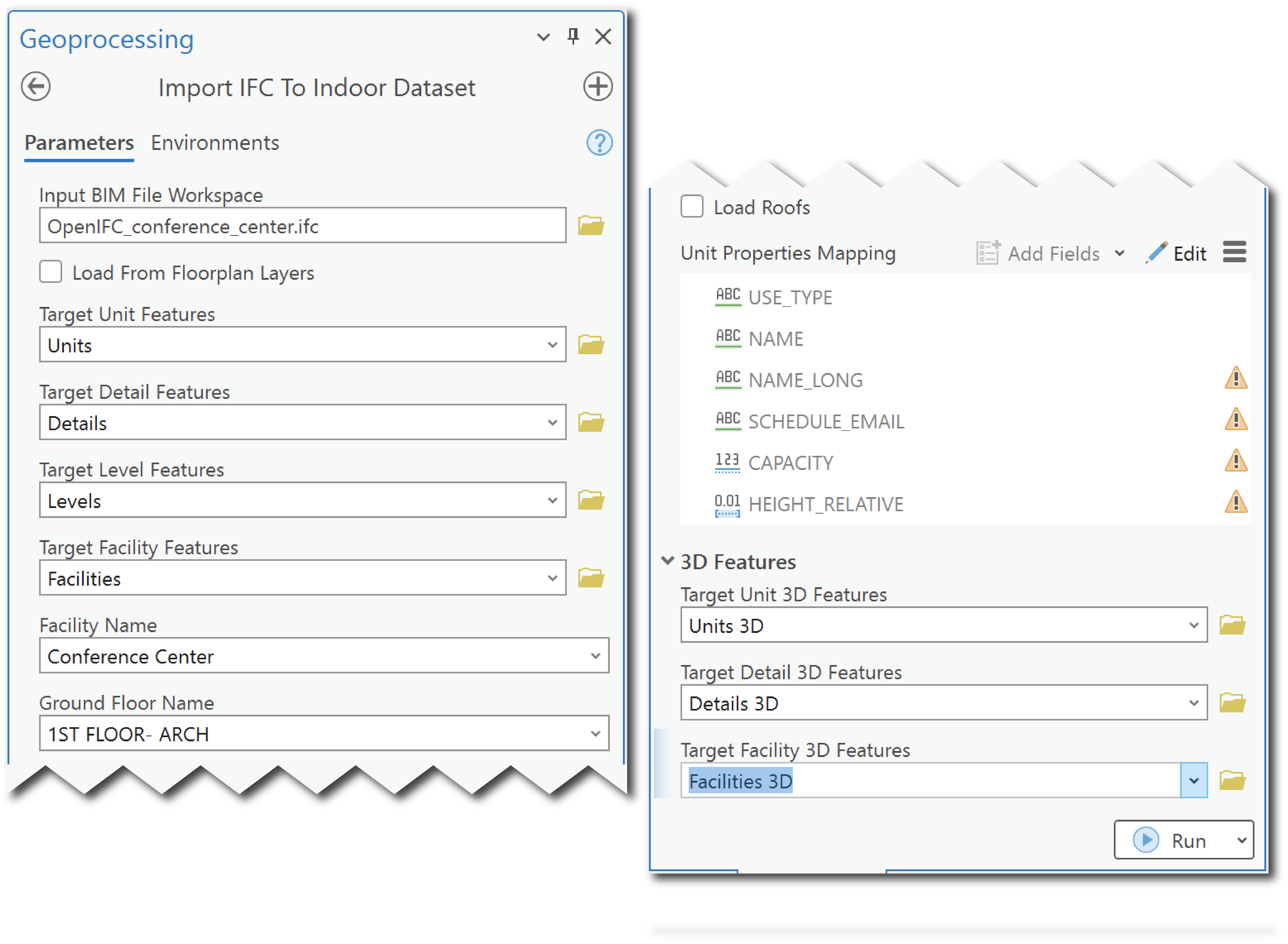 The geoprocessing pane in ArcGIS Pro showing the Import IFC to Indoor Dataset tool with populated parameters