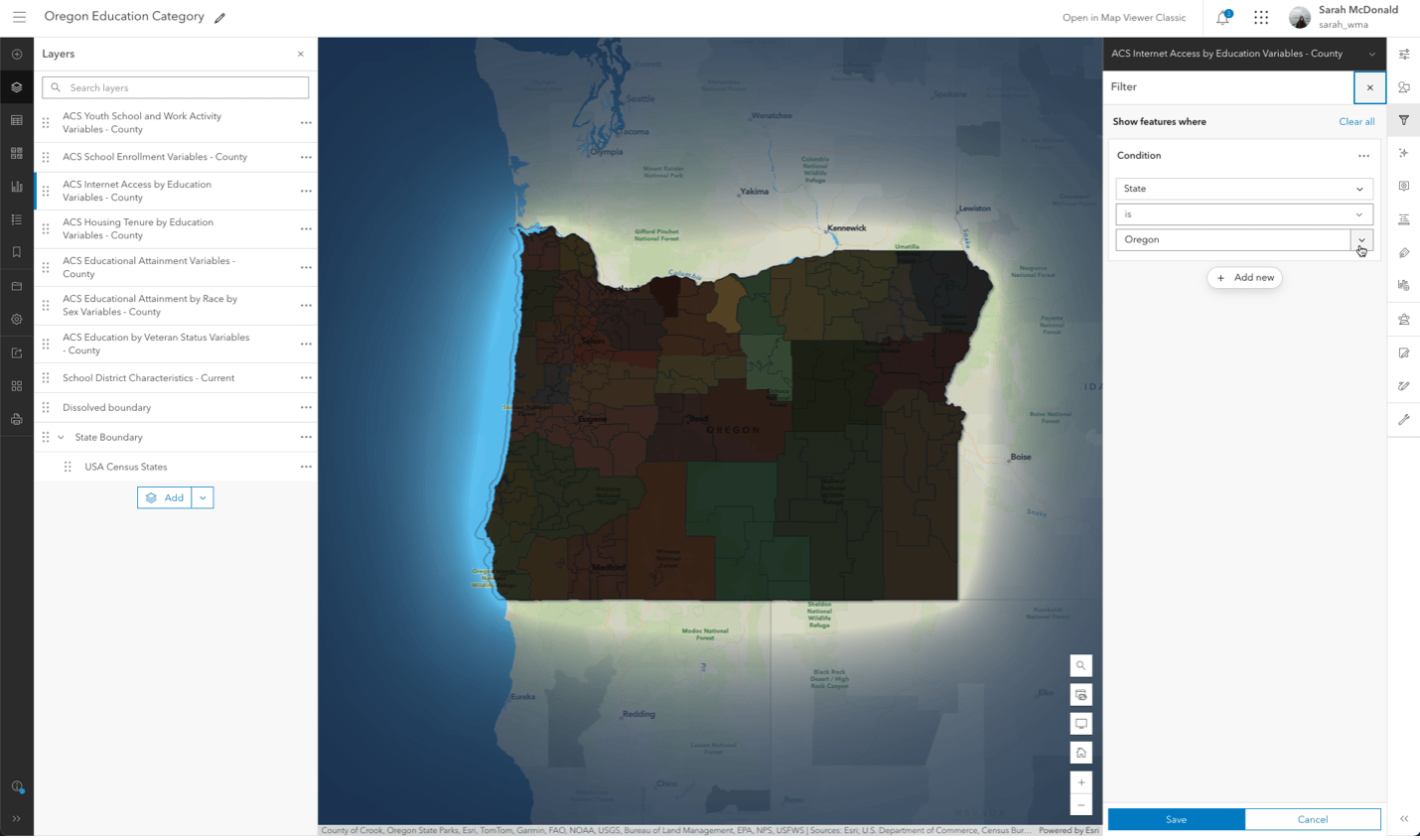 Screenshot of Education map in Map Viewer with filter configuration open